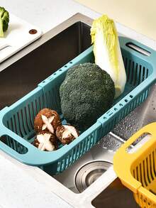 1个家用塑料储物架，可伸缩碗碟架，水槽收纳架，可伸缩沥水篮，双层蔬菜清洗篮，碗碟沥水架