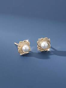 1 Pair S925 Sterling Silver Minimalist Pearl Geometric Stud Earrings For Women