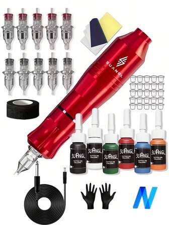 SUANGL trådlöst tatueringspistolkit, bärbart tatueringspistolset, 1000mAh uppladdningsbart litiumbatteri, 5 timmars batteritid, digital skärm, komplett tatueringspistolset lämplig för nybörjare och tatueringsartister, som present till trådlös tatueringsmaskin