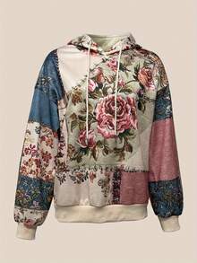 Women's 3D Printed Retro Bohemian Style Hoodie, Patchwork Design, Floral Pattern, Loose Fit, Warm, Suitable For Daily Street Wear, Suitable For Spring, Autumn, And Winter Seasons - 風格 - 查看 4