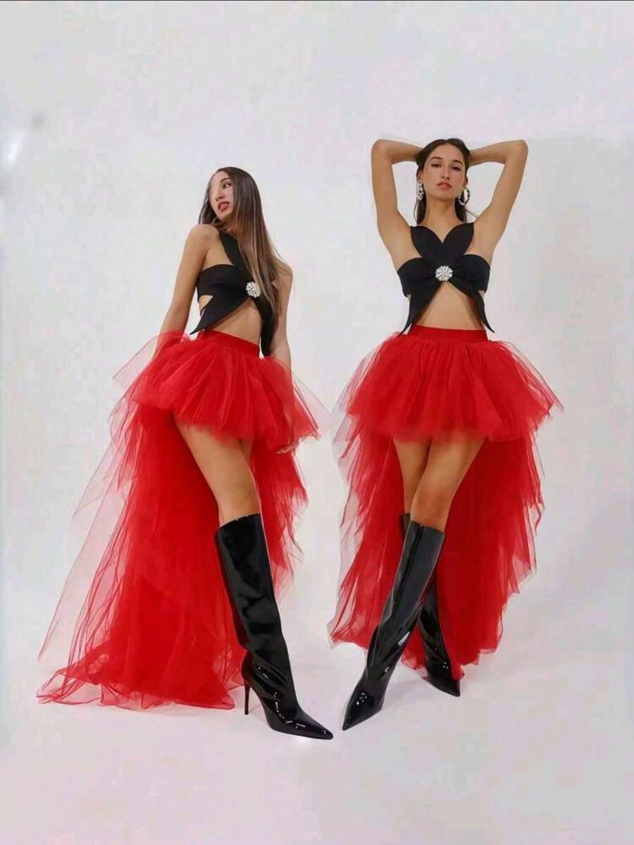 1件女士不对称下摆红色哥特式薄纱裙，三层网纱+一层衬里，及地长裙，适合婚礼、派对、表演、角色扮演、舞台演出 - 彩色 - 查看 1