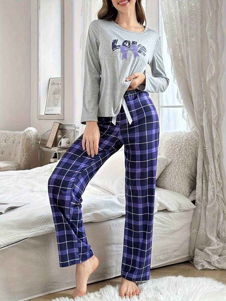 灰色字母印花长袖长裤睡衣套装（女士款） - 灰色 - 查看 1