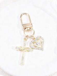 1pc Women's Minimalist Rhinestone Cross & Heart Pendant Keychain, Elegant Feng Shui Diamond Heart Delicate Gift, Earphone Case Keyring Accessory - Gold - View 3