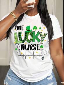 Women's  Short Sleeve T-Shirt One Lucky Nurse St Patrick's Day Shamrock And Heartbeat Design For St Patrick's Day Celebration - 白色 - 查看 1