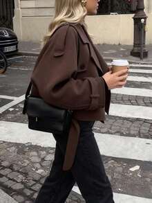 Áo khoác ngắn ve hai hàng khuy đơn sắc màu tối thanh lịch dành cho nữ, thích hợp mặc hàng ngày, đi làm, giải trí tại nhà, trở lại trường học và các dịp khác - màu nâu - Xem 2