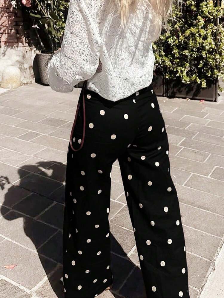 SOLTRB New Women's Fashion Polka Dot Elastic Waist Straight Leg Pants, Suitable For Daily Commute, Casual And Holiday - Black - View 4
