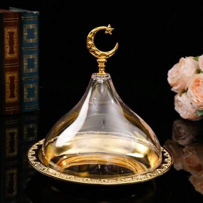 1 Set Vintage Cake Stand With Lid, Cupcake Stand Plate, Cake Dome Dessert Stand Holder Serving Tray For Table Party, Golden, Eid Al-Adha