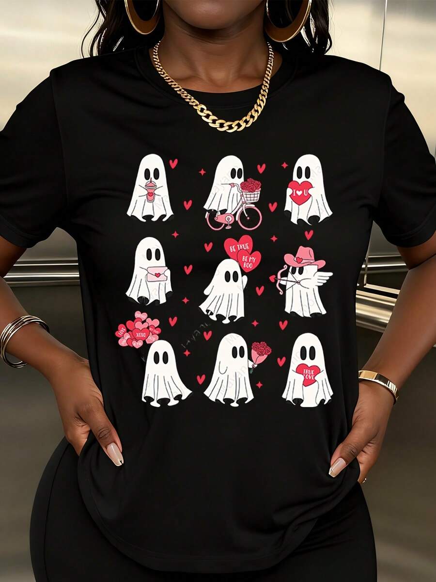 Cute Ghost Valentine T Shirt  Cartoon Ghosts With Hearts And Love Messages For Valentine's Day - màu đen - Xem 1
