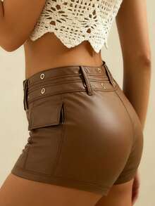 女士棕色高腰镂空金属装饰时尚PU夏季弹力紧身短裤，适合夜店派对、日常穿着、音乐会等场合 - 咖啡棕 - 查看 2