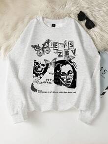 Women Vintage Portrait & Letter Print Crew Neck Sweatshirt, Casual Loose Fit Long Sleeve Top, Suitable For Spring And Autumn - Gray - View 5