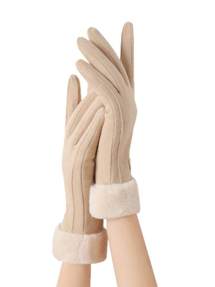 2 Pares de Luvas Térmicas de Inverno Forradas e Grossas - Luvas Táteis Quentes com Punhos Felpudos para Estudantes e Mulheres, Material Macio e Amigo da Pele, Não Bolotas, Adequado para Ciclismo, Direção e Proteção contra Clima Frio - Preto + bege - Visão 3