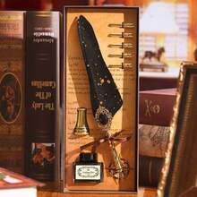 1 Caja de regalo que incluye sello, lacre, pluma caligráfica Jubaboz, juego de plumas - Pluma de inmersión, pluma de inmersión de engranaje mecánico, pluma de pluma de ganso, hecha de pluma de ganso, invierno