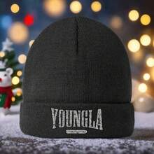 Unisex Thermal Beanie - Black With YOUNGLA Print, Elastic Fit, Breathable & Warm For Outdoor Fashion, Autumn Winter Streetwear,  Beanie Texture, Winter Cap, Winter Headwear, Casual Headwear, Dome Style, Medium Stretch Fabric, Machine Washable - 黑色 - 查看 2