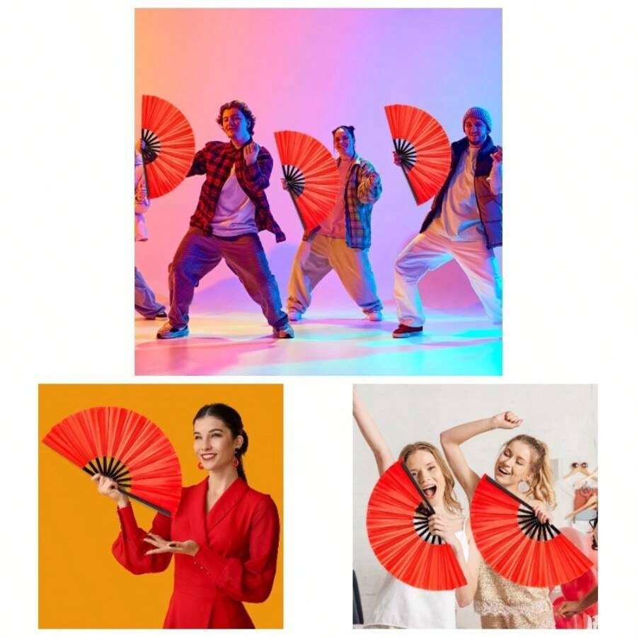 Red Hand Fan Men Women Large Folding Hand Fan Rave Clack Handheld Fans Tai Chi Nylon Cloth Kung Fu Fans EDM Club Party Dance Performance Role Playing Concerts Supplies - Red - View 1
