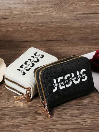 Jesus Print Fashionable Minimalist Letter Printing Credit Card Storage Bag Coin Wallet Fashionable Double-Layer Zipper Around School Dormitory And Back To School Supplies Bag For Women Mini Wallet Small Wallet Cute Wallet Card Wallet Gifts For Women Funny Gifts Teacher Gifts