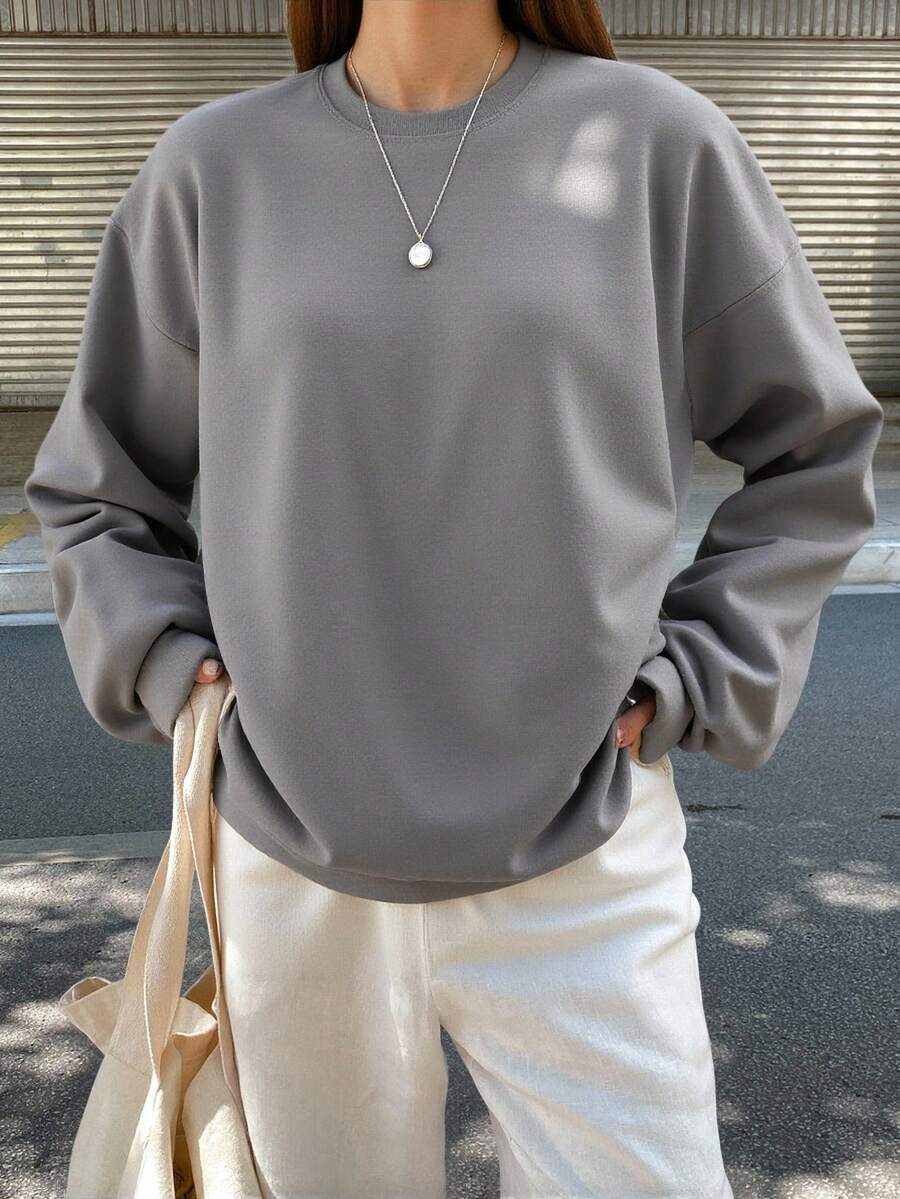 Livesso 纯色落肩宽松T恤,秋季服装,返校服装卫衣 - 淺灰色 - 查看 1