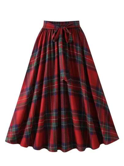 Plus Size Women's Elegant Plaid A-Line Maxi Dress With Bow Decor And Belt, Woven Fabric, Spring/Summer New, Suitable For Daily, Work, Casual, Party, Travel