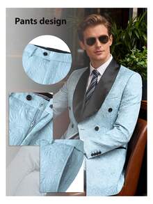 Men's Suit Floral Print Double Breasted Tuxedo Set | Shawl Lapel Blazer Jacket & Pant For Wedding & Formal Events - Màu xanh nhạt - Xem 4