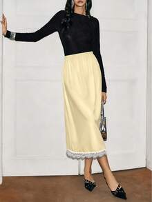 Fashionable Women's A-Line Skirt, Casual & Versatile Christmas, Elastic Waist, Elegant Lace Design, Knee-Length Satin Skirt