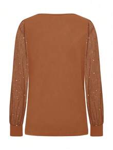 柔软深棕色亮片网纱长袖上衣，性感透视灯笼袖设计，亲肤显瘦百搭，春秋季约会/通勤优雅之选，小众亮片网纱拼接袖，适合婚礼/派对、女士节日/情人节/春季穿着 - 摩卡棕 - 查看 2