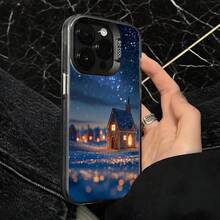 Funda de Teléfono Diseño de Escena Nocturna de Cabaña Azul de Invierno para iPhone 14 15 Pro Max y  Galaxy S23 S24 Series, Regalo Ideal para Todas las Estaciones - Negro - Ver 4