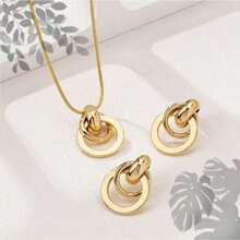 三件套奢华百搭不对称螺旋嵌套金属圆环吊坠项链耳环套装，时尚优雅简约风格，适合派对和日常佩戴。 - 金黃色 - 查看 3