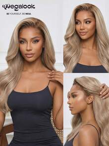 MEGALOOK 升级版 13x6 Three-Go™ Max 无胶假发，棕色头发，浅金色挑染，自然波浪卷发，带抽绳 - 100% 真人发，预剪蕾丝耳到耳超大发际线，透明蕾丝熔合，预拔毛，真发无结渐变挑染假发