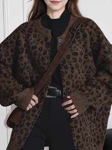 Alicedudu Áo khoác cardigan cổ tròn họa tiết da báo cổ điển dành cho nữ, Thu/Đông - Cà phê nâu - Xem 4
