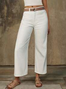 女式白色筒形牛仔裤，100% 纯棉九分牛仔裤，2025 秋冬休闲宽松修身高腰牛仔裤 - 白色 - 查看 1