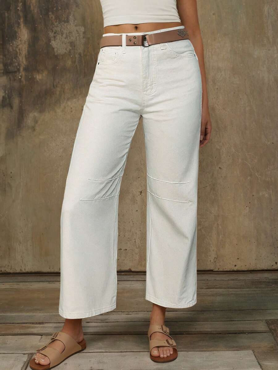 女式白色筒形牛仔裤，100% 纯棉九分牛仔裤，2025 秋冬休闲宽松修身高腰牛仔裤 - 白色 - 查看 1