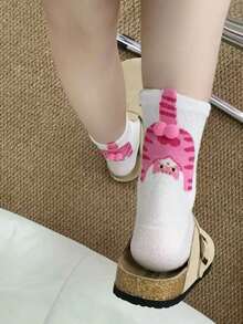 2/5/10 đôi tất dài đến giữa bắp chân cho cặp đôi, tất cho cặp đôi mọi mùa, tất cổ cao dễ thương đa năng cho nữ, họa tiết mèo hoạt hình Ding Dong Ins phong cách Nhật Bản - Nhiều màu - Xem 2