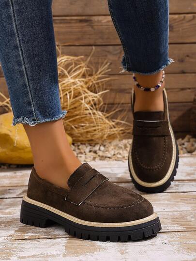 Women's Solid Color Round Toe Thick Sole Chunky Heel Loafers, Vintage Casual Versatile Commuting Comfortable Slip-On