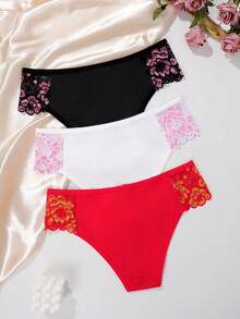 3pcs Floral Embroidery Lace Patchwork Comfortable Elegant Panties - 彩色 - 查看 3