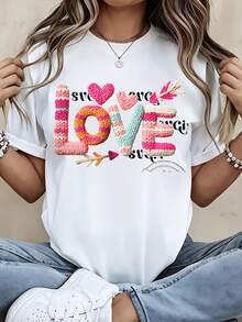Love Knit Style Graphic T Shirt Women Fashion Casual Top With Heart And Arrow Design White Crew Neck Short Sleeve Shirt - trắng - Xem 1