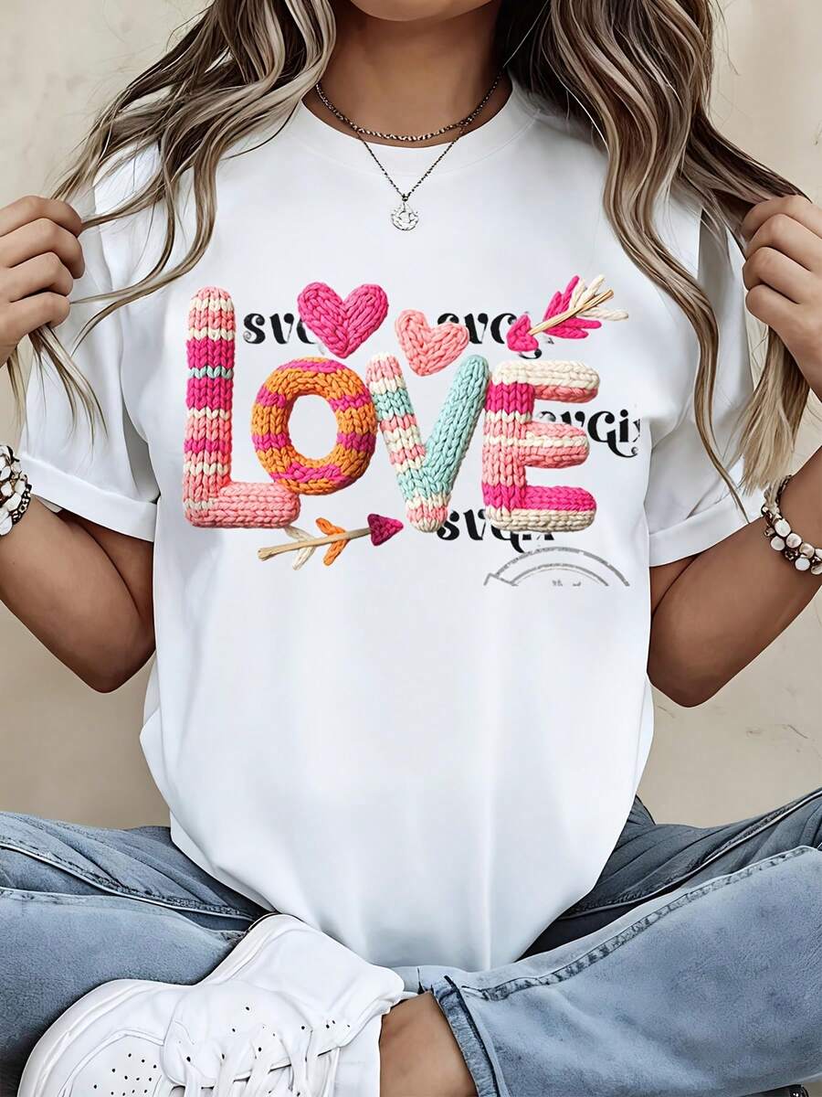 Love Knit Style Graphic T Shirt Women Fashion Casual Top With Heart And Arrow Design White Crew Neck Short Sleeve Shirt - trắng - Xem 1