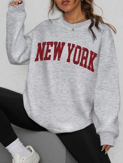 New York Letter Retro Distressed Pattern Printed Sweatshirt, Women's Plush Thick Round Neck Sweatshirt, Sports Casual Sweatshirt, Plush Sweatshirt, Autumn And Winter Sweatshirt, Silhouette Cut. Suitable For Parties, Sports, Outdoor Leisure And Other Occasions, Autumn And Winter Women's Clothing