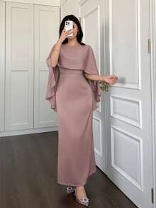 Elegant Dress For New Year's Eve, Featuring A Captivating Cape-Style Shawl And Discreet Zipper Details, Exuding A Refined And Sophisticated Aura.