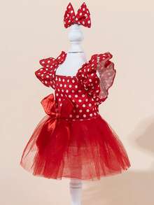 Christmas Pet Costume - Red & Polka Dot Tulle Dress With Puffy Sleeves, Button Closure, Elegant Holiday Outfit For Small Dogs & Cats Adorable Red Dog Dress With Breathable Tulle Skirt - Easy-Pull Head Design For Spring Summer Outfits, Puppy Party Costume For Small Medium Large Dogs - 紅色 - 查看 6