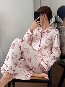 两件套女士粉色睡衣套装，可爱长袖纽扣衬衫配长裤 - 粉色 - 查看 1