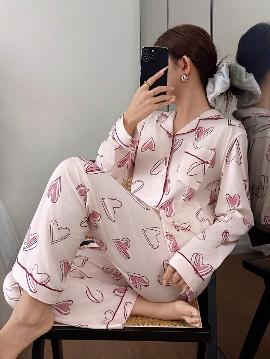 两件套女士粉色睡衣套装，可爱长袖纽扣衬衫配长裤 - 粉色 - 查看 1