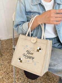女士多功能手提包，印有可爱的蜜蜂和爱心图案，节日风格字母设计购物袋，适合婚礼、生日、海滩和各种节日场合，亚麻手提包，教师节礼物袋，便携轻巧可折叠收纳袋，简约百搭，护士、医生、教师节礼物收纳袋，母亲节礼物，个人旅行化妆包，购物袋，最佳教师节礼物 - 彩色 - 查看 7