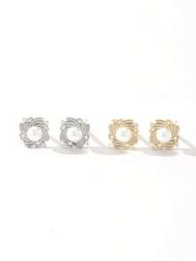 1 Pair S925 Sterling Silver Minimalist Pearl Geometric Stud Earrings For Women