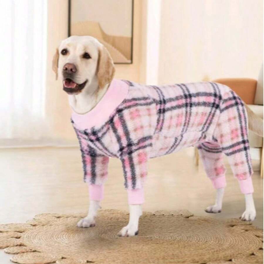 1件经典格子保暖抓绒睡衣，适合中大型犬和幼犬，弹力冬季服装，适合拉布拉多犬、罗威纳犬、比格犬和其他犬种。 - 粉色 - 查看 1