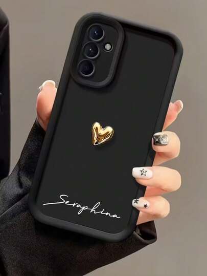 Customizable Full Coverage TPU Phone Case With Personalized Name And Cute 3D Gold Heart Design, Compatible With Samsung Galaxy S25, S24, S23, S22, S21, S20 Ultra Plus. These Shock-Absorbing Soft Covers Make Excellent Anniversary Gifts For A56, A55, A54, A53, A52, A35, A34, A16, A15, A14, A13 Models, Supporting 4G And 5G