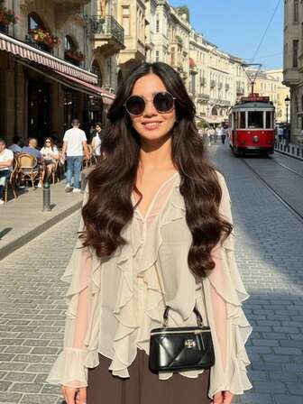 Blusa elegante de fiesta de unicolor con cuello en V, manga larga, diseño suelto y decoración de volantes y parches para mujer, ideal para Año Nuevo/Navidad