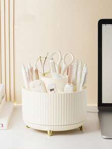 A 360-Degree Rotating Cosmetic Storage Box - A Single Plastic Cosmetic Storage Box With 5 Compartments - A Multi-Functional Storage Box For Brushes, Lipsticks, Skincare Products, And Stationery - A , Odorless, Luxurious Striped Design Desktop Storage Box, Suitable For Bedroom, Bedroom, Large-Capacity Plastic Pen Holder, Bathroom Organizer, And Household Dustproof Storage Bucket.,Room Decor - Multicolor - View 6