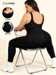 Plus Size Black Seamless Fitted Jumpsuit, Padless, Sleeveless, 4-Way Stretch, Suitable For Yoga, Fitness, Casual Wear
