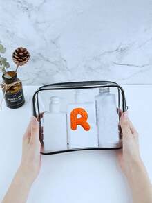 Transparent PVC Portable Storage Bag, Comes With Multi-Color Towels, Can Be Embroidered With A-Z Letters, Names Or Logos, Large Capacity Cosmetic Organizer, Waterproof, Zipper Closure, Can Be Used As Makeup Bag, Travel Organizer, Beauty Pouch To Store Lipsticks, Makeup Brushes, Skincare Products, Phones, Coins, Small Items, Suitable For Home And Vacation Use - Multicolor - View 5