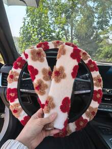 3pcs/2pcs/1pc Car Interior Accessory Set, Floral Plush Steering Wheel Cover And Seatbelt Shoulder Pads, Non-Slip, Warm, Cute, Personalized, Suitable For All Seasons