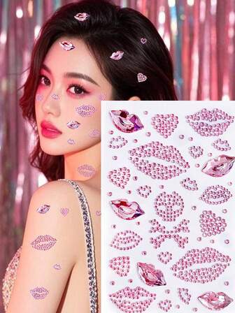 这款红色嘴唇和爱心图案的身体贴纸饰有闪亮的水钻，非常适合节日、派对和拍照。它们易于粘贴和移除，为您的造型增添迷人光彩。